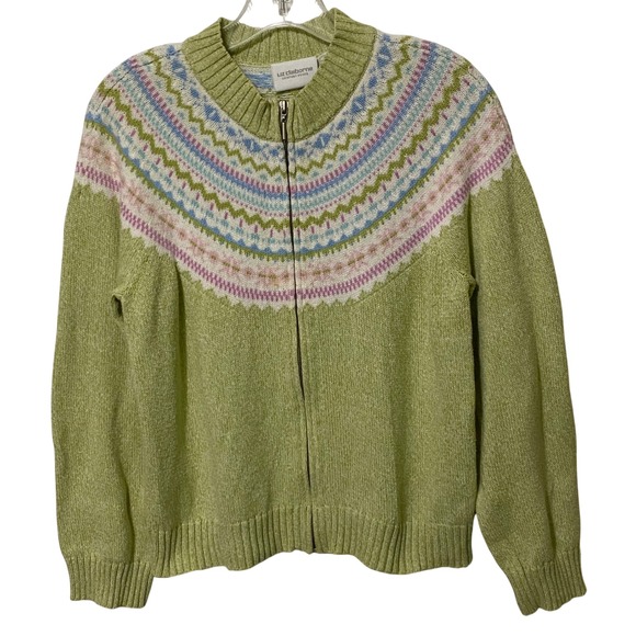 Vintage 90s Fair Isle Zip Up Womens Sweater PM Green Spring Easter Egg Petite - Picture 2 of 6